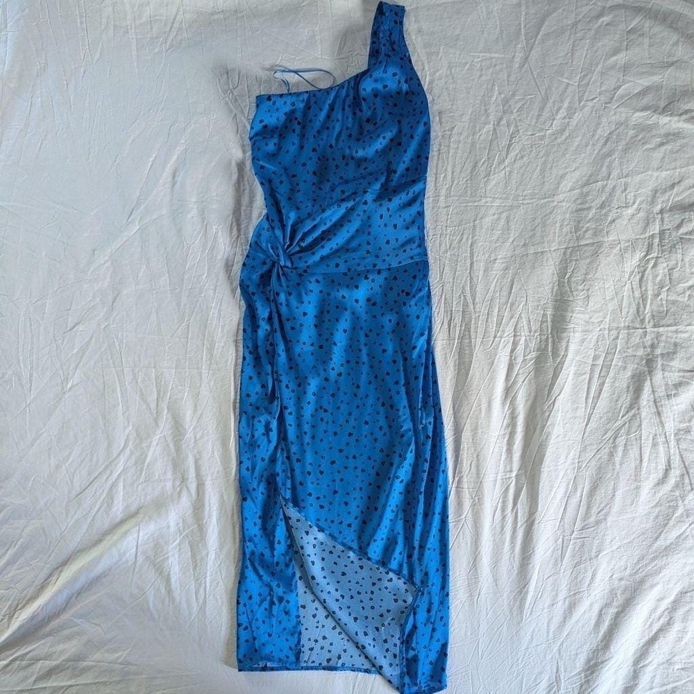 Cobalt Blue Satin Dress One Shoulder Black Dot Animal Print Midi Knot Front Sm